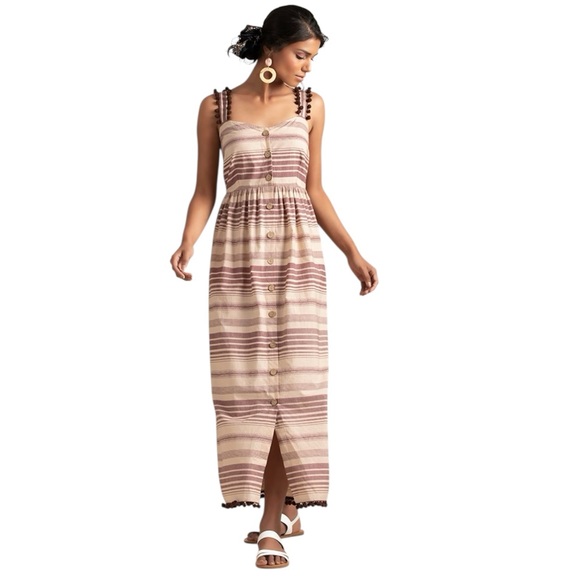 Indya Earthen Striped Cotton Button Down Maxi Dress Boho NWT Size M - Picture 1 of 16